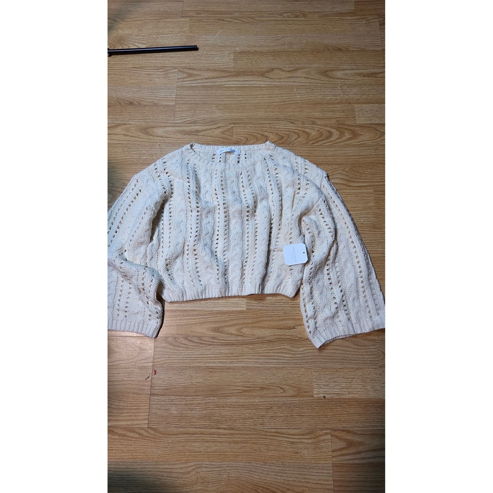 Altar'd State Womens Small Ivory Cable Knit Cropped Sweater Open Pointelle Boho